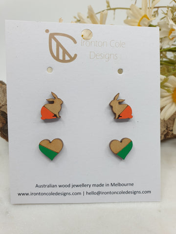 Wooden bunny and heart studs