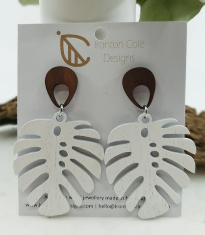 White monstera wooden earrings