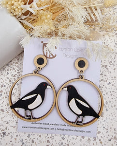 Magpie wooden earrings handpainted. 