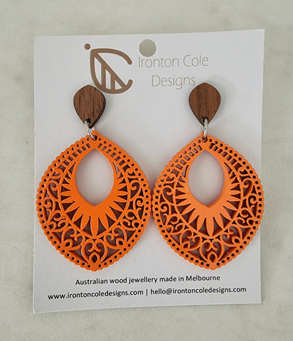 Orange boho wooden earrings