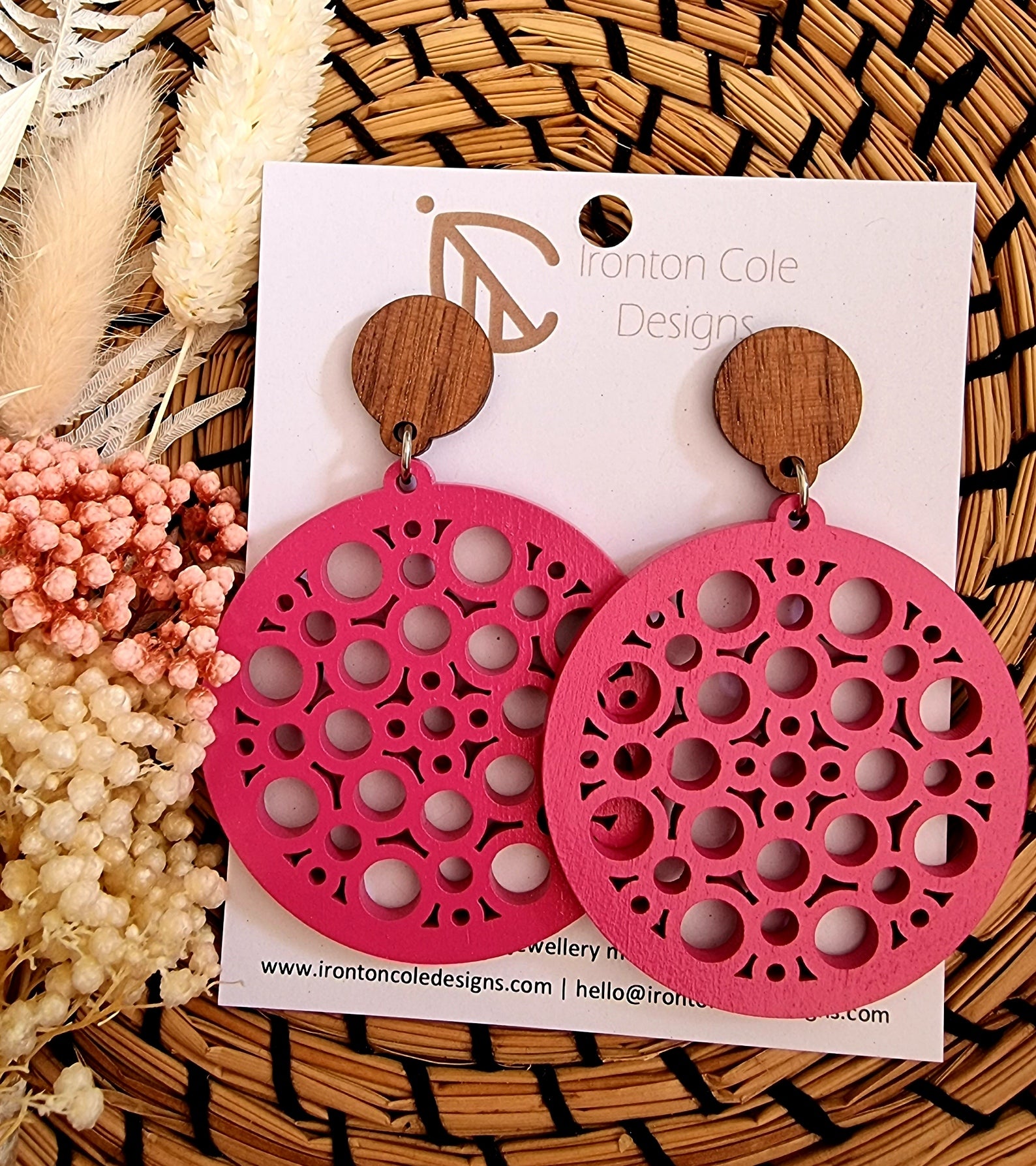 Pink circles wooden earrings